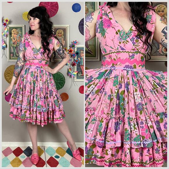 Vintage 1950s Pink Floral Sleeveless Fit and Flare Ruffle Dress - Picture 1 of 8